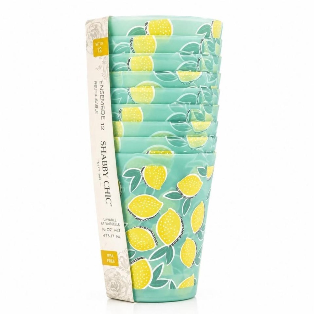 Shabby Chic Lemonade Reusable Acrylic Tumblers - Set of 12 Summer Patio Cups NWT